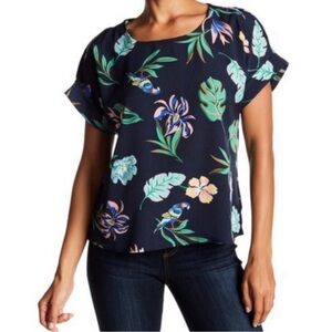 MELLODAY Navy Tropical Floral Short Sleeve Blouse Parrots, Palm & Banana…